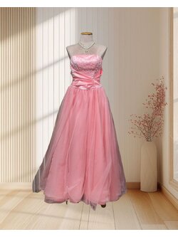 (PRE-LOVED) ราตรียาวสีชมพู งานเจ้าหญิงเกาะอก กระโปรงผ้ามุ้ง ไซส์ XS (อก28-30)