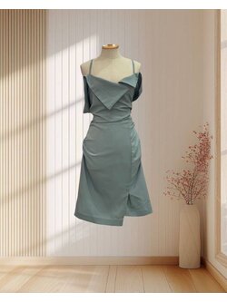 เดรสสั้นสีเขียวมินท์ สายเดี่ยว จับจีบขยุ้มด้านหลัง ไซส์ M