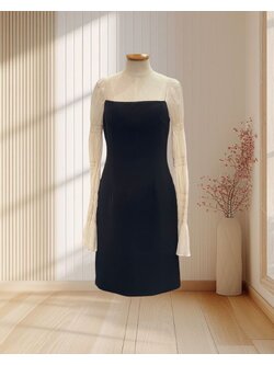 เดรสสั้นสีดำ แขนยาวผ้าชีฟองสีครีม ไซส์ S