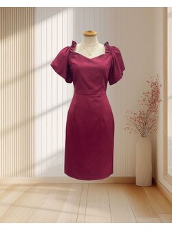 (PRE-LOVED) ราตรีสั้นสีแดง แขนบอลลูน แต่งระบายไหล่เล็กๆ ไซส์ M