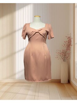 ชุดเดรสออกงานแขนสั้นบาร์บี้แต่งโบว์แขนจีบสีนู้ด 2XL