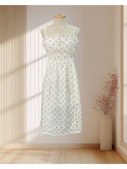 เดรสสั้นสีขาว พิมพ์ลายดอกไม้สีเขรยว สายเดี่ยว ช่วงอกปรับไซส์ได้ ไซส์ S