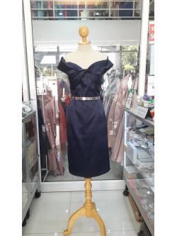 (PRE-LOVED) ชุดราตรีสั้นสีกรมปาดไหล่อกทวิตทรงสอบ (2XL)