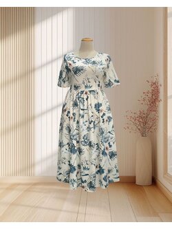 เดรสยาว สีครีม ลายฮาวาย มีแขน จีบเอว ไซส์ 2XL