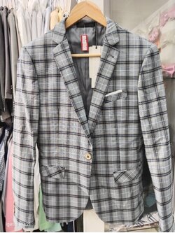 ชุดสูทสีฟ้าอมเทาลายตาราง M มีกางเกงด้วย (AU)