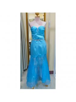 ราตรียาวสีฟ้า เกาะอกสานหลัง ชายผ้าแก้วนิ่ม + เข็มขัด (อก 36 เอว30 สะโพก 38)