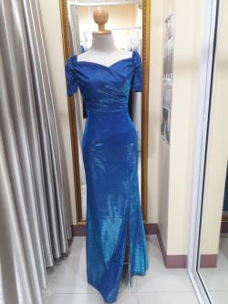 ราตรียาวสีน้ำเงินปาดไหล่มีแขนกลิตเตอร์ (S)