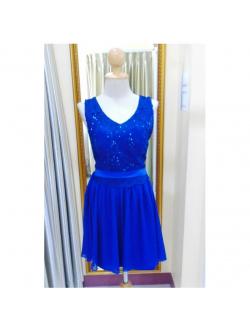 ราตรีสั้นอกลูกไม้คอวีหลังผูกโบว์สีน้ำเงิน(ฟรีไซส์)