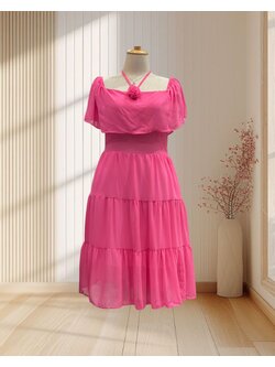 (PRE-LOVED) เดรสสั้นสีชมพูบานเย็น สม็อคหลัง แขนระบาย แต่งดอกกุหลาบที่อก ไซส์ 2XL