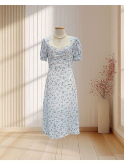 (PRE-LOVED) เดรสยาว3ส่วนสีฟ้า แขนตุ๊กตา ลายดอกไม้ ไซส์ M