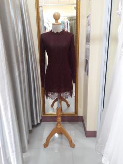 ชุดราตรีสั้นสีแดง ลูกไม้เดรสแขนยาว (S)