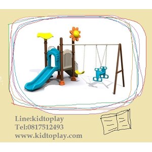 เครื่องเล่นสนามกลางแจ้ง ชุด ใบบอนสไลด์เดี่ยว พร้อมชิงช้าม้านั่งและสไลเดอร์สีฟ้า
