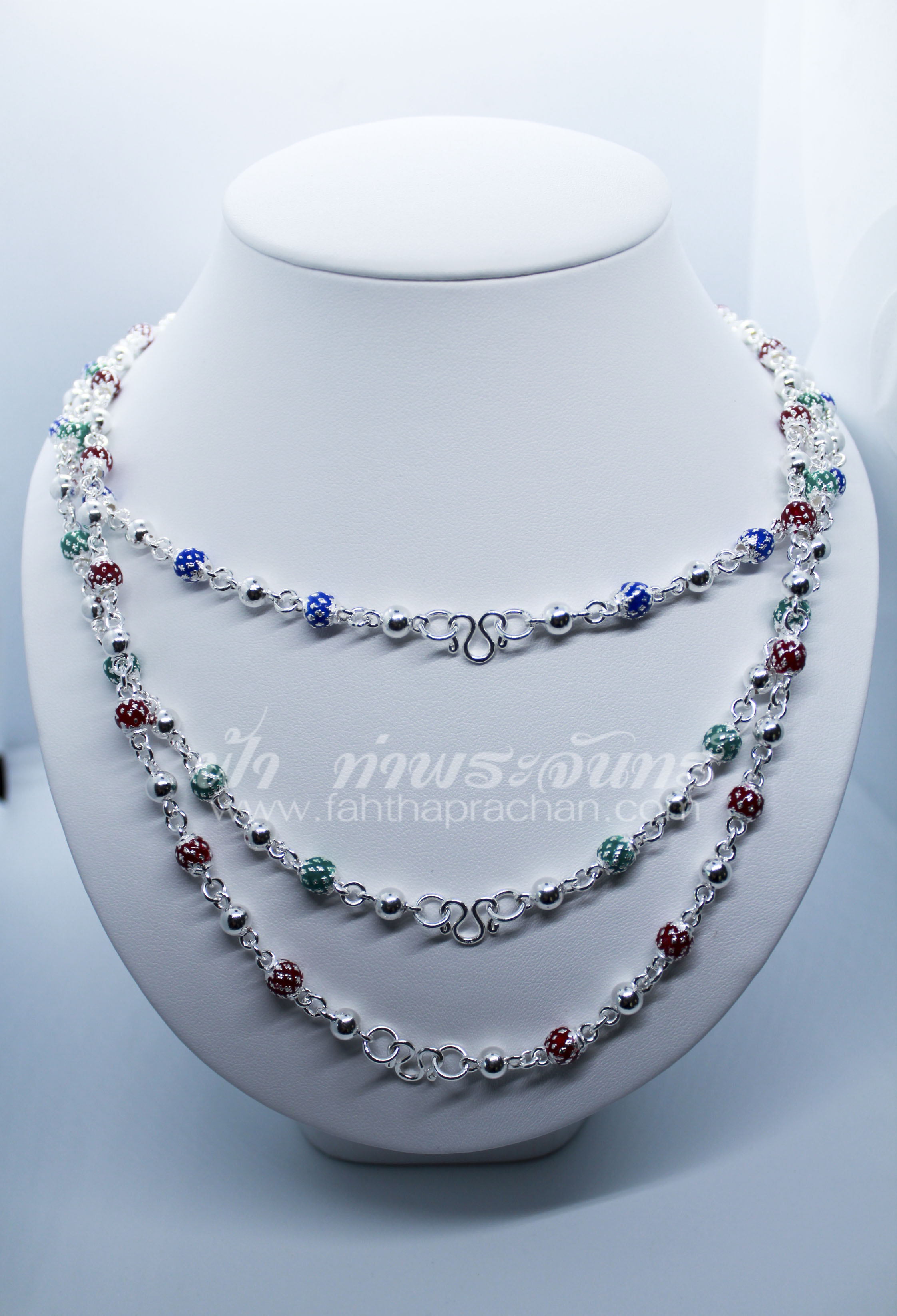 สร้อยคอเงินแท้ 92.5 ประคำเงินเกลี้ยง คั่นประคำเงินลงยา