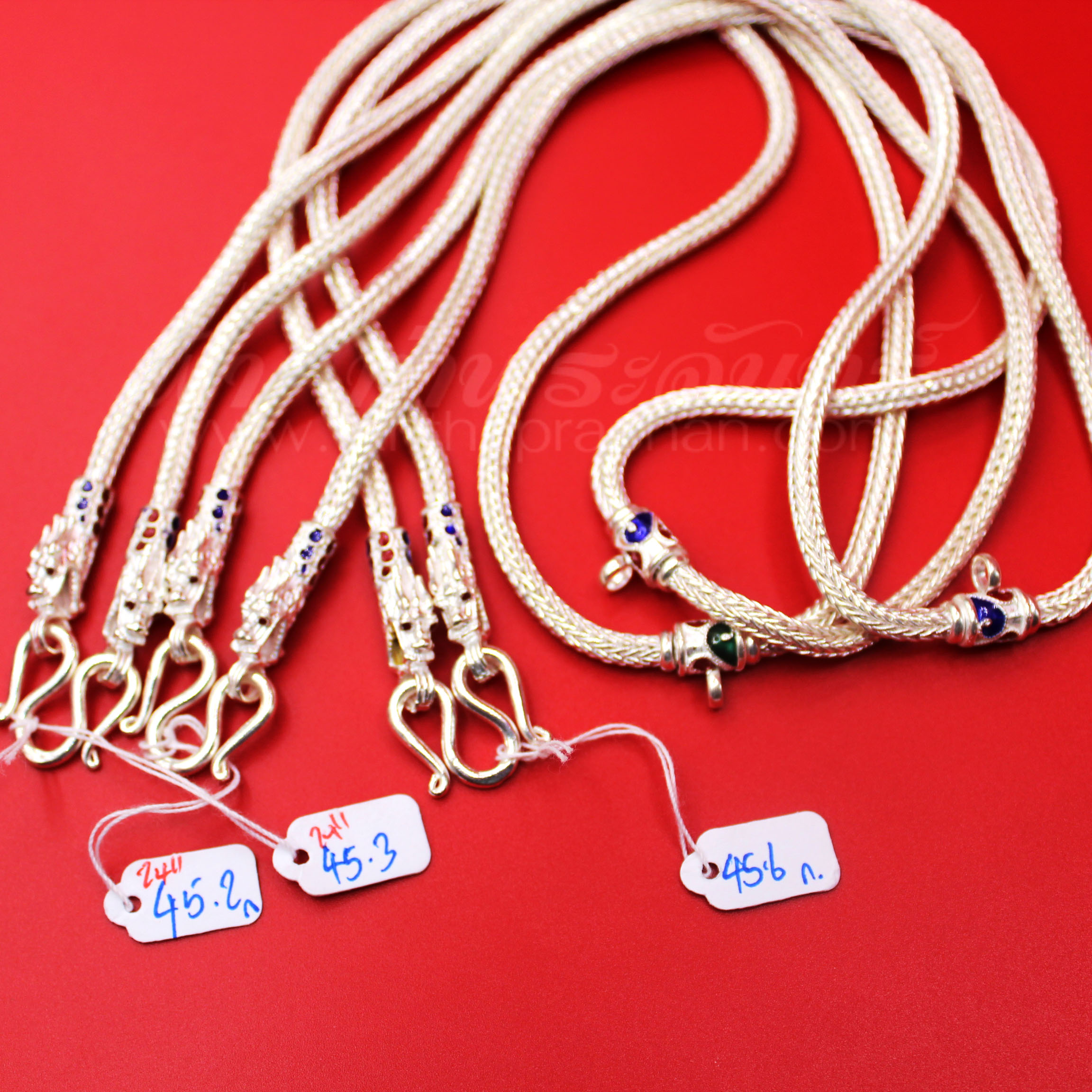 สร้อยคอเงินแท้ 92.5% ลายหกเสา หัวมังกรลงยา แบบห่วงเดียว มีห่วงหลัง