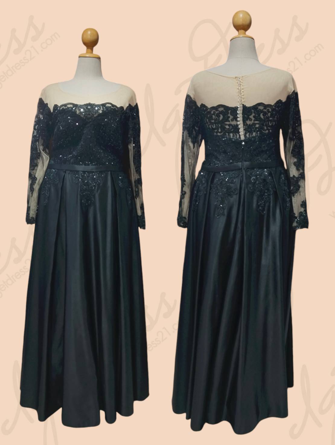 (PRE-LOVED) ราตรียาวซีทรูแขนยาวลูกไม้4XL