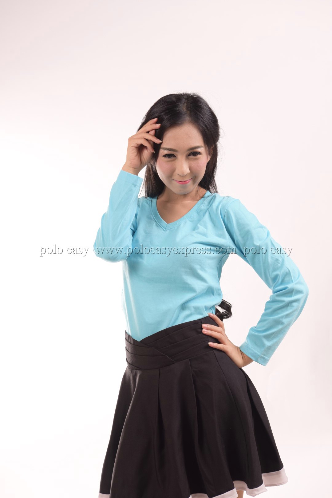 เสื้อยืด สีฟ้าอ่อน คอวี แขนยาว Size 2XL