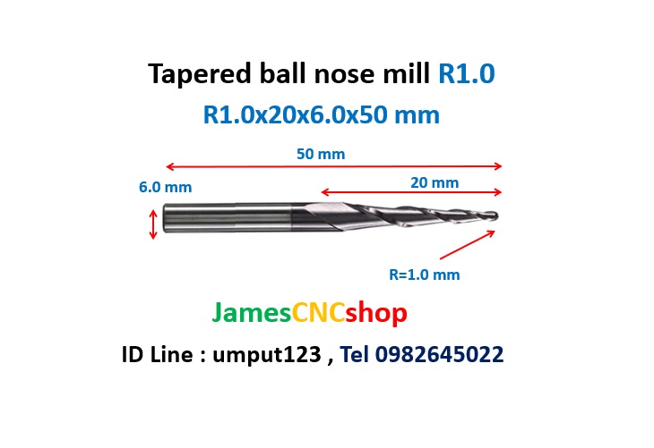 R1.0x20xD6x50 mm Tapered ball nose end mill TiAlN Carbide coat
