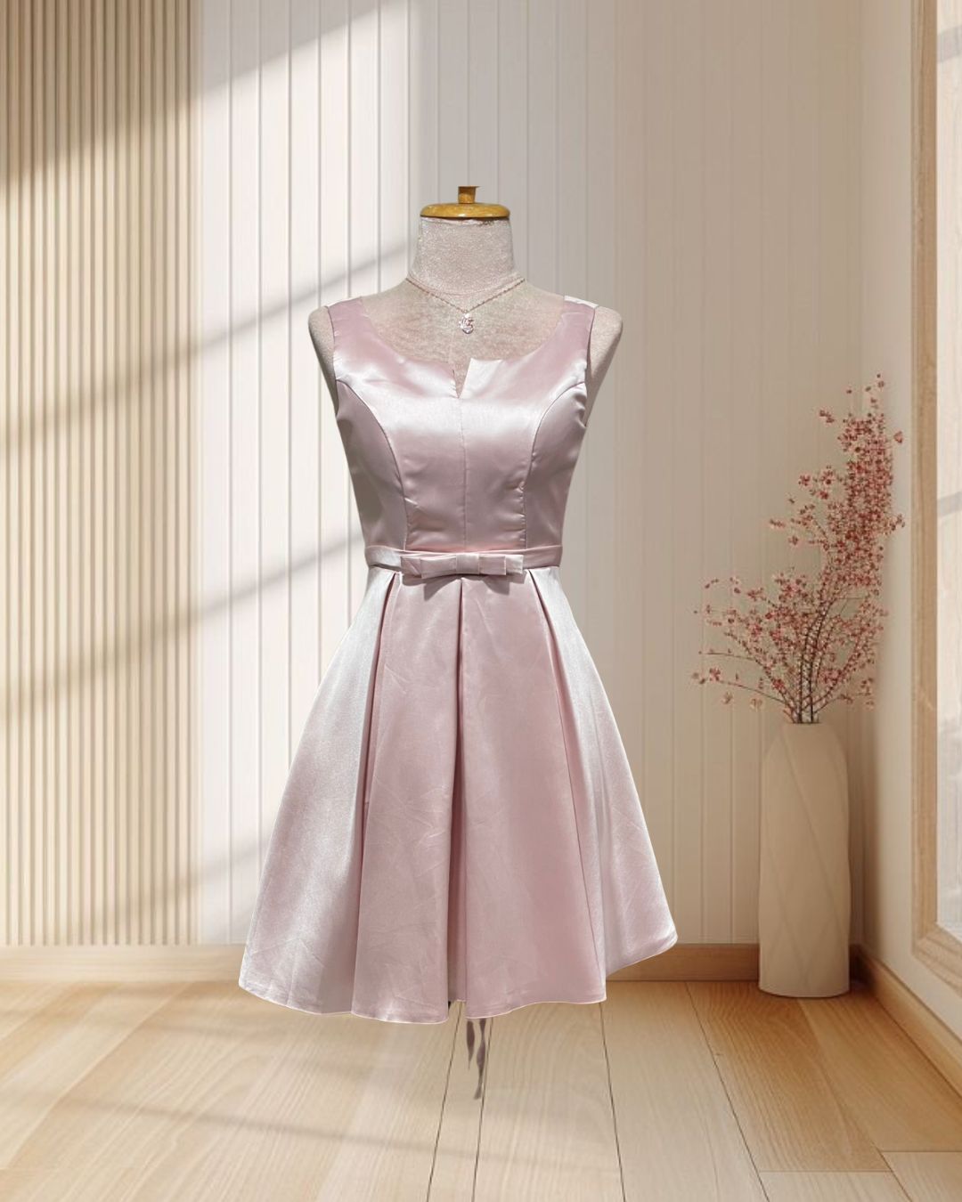 (PRE-LOVED) ราตรีสั้นสีชมพู ผ้าไหมเทียม แขนกุด กระโปรงบาน สานหลัง ไซส์ S