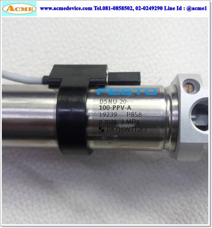 Air Cylinder Festo รุ่น DSNU-20-100-PPV-A + SME-8M-ZS-24V-K-0.3-M8D, Bore 20 mm., Stroke 100 mm.
