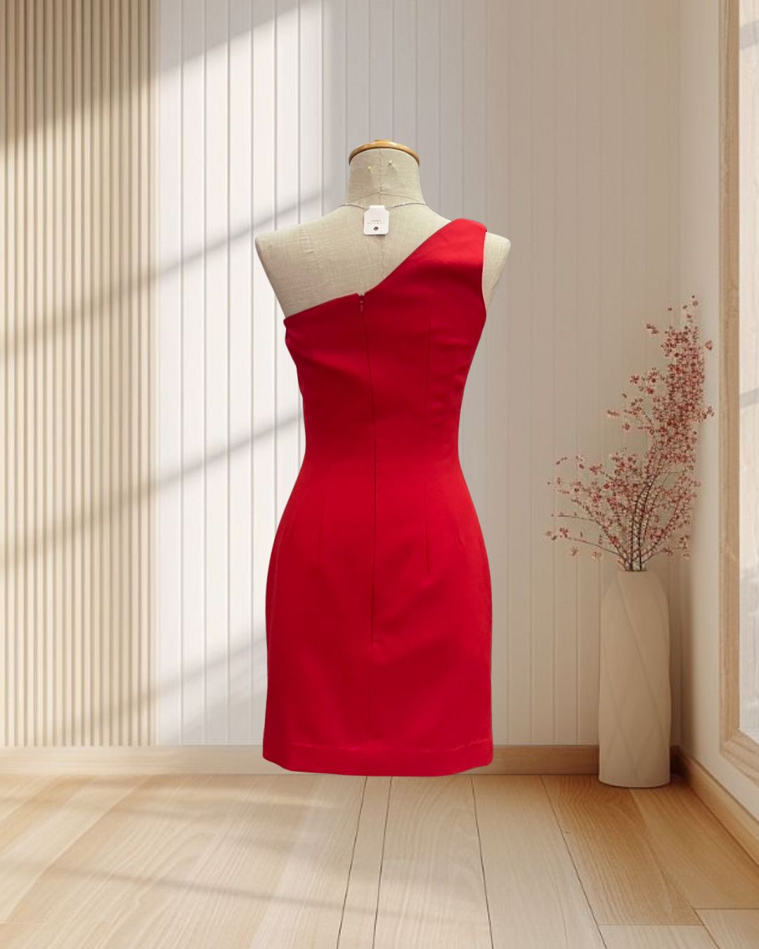 ราตรีสั้นสีแดง บ่าเฉียง รัดรูป ไซส์ S