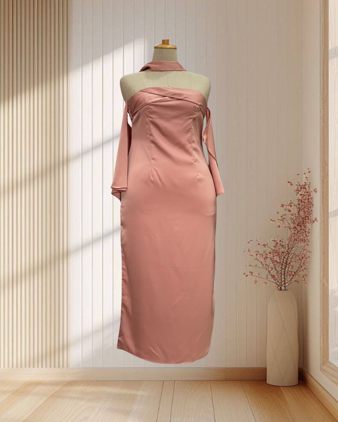 ราตรียาว สีชมพู ปาดไหล่ มีแขน พร้อมผ้าพันคอ ไซส์ 2XL