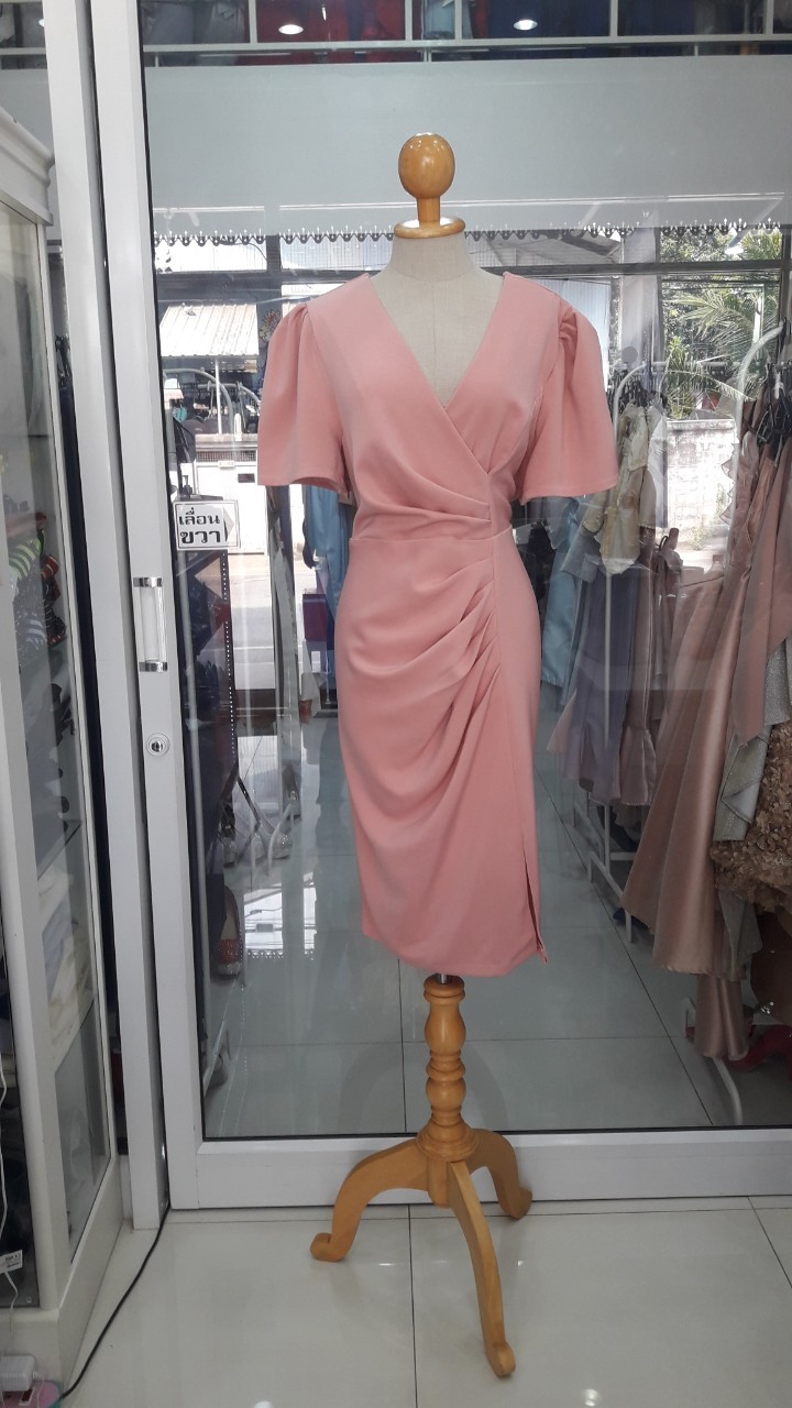 เดรสสั้นสีชมพู แขนสั้นกระโปรงจับจีบผ้าฮานาโกะ(2XL)