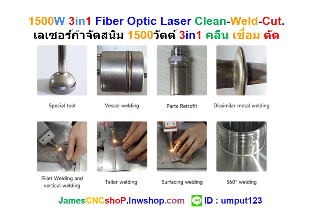 1500W 3in1 Fiber Optic Laser Clean-Weld-Cut. เลเซอร์กำจัดสนิม 1500วัตต์ 3in1 คลีน เชื่อม ตัด