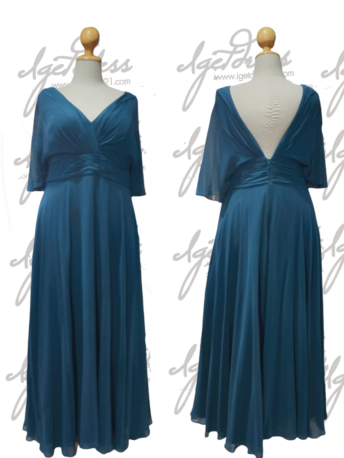 (PRE-LOVED) ชุดราตรียาวอก 50 ชีฟองปิดแขน สีกรม