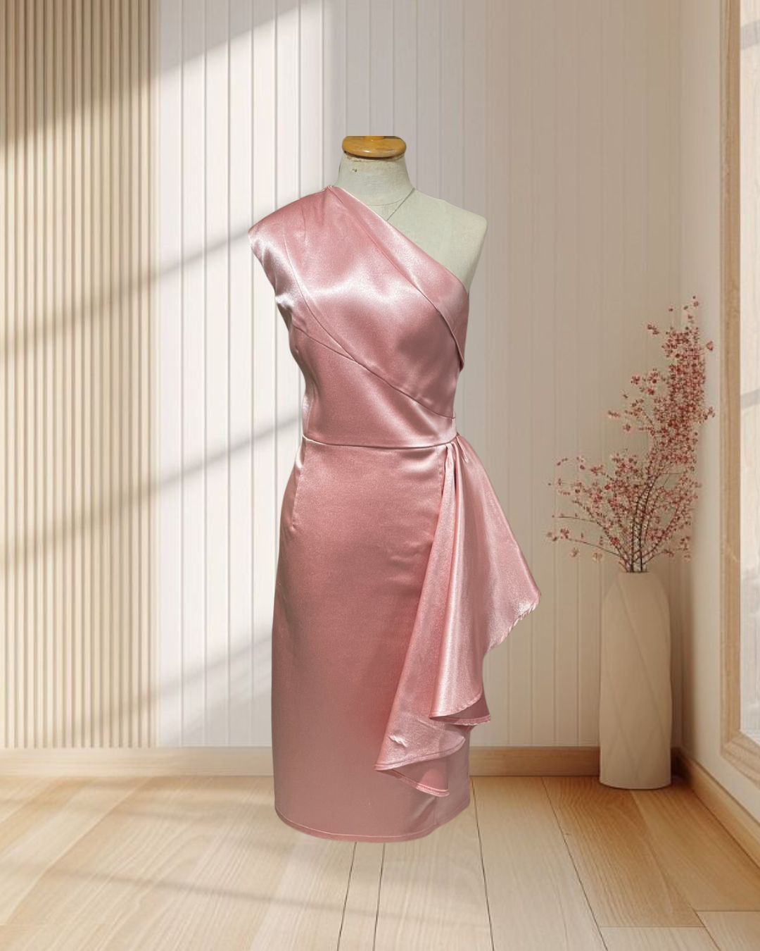 (PRE-LOVED) ราตรีสั้นสีชมพู ผ้าไหมเทียมเงา บ่าเฉียง แต่งระบายสะโพก ไซส์ XL