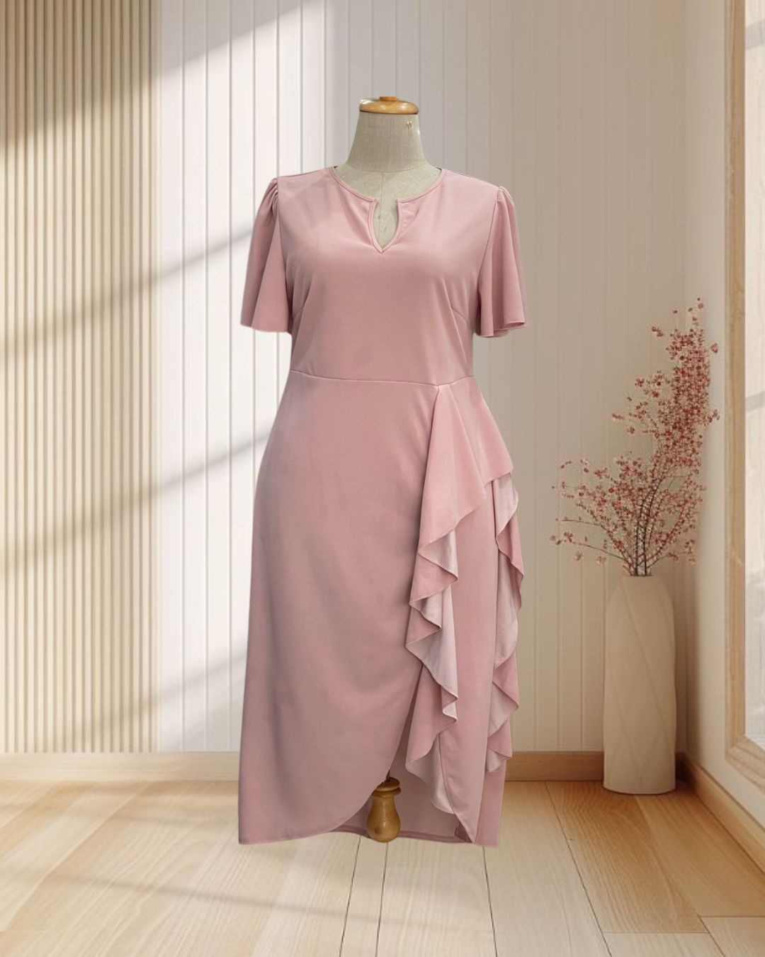 (PRE-LOVED) เดรสยาวสีชมพู มีแขน แต่งเอวระบาย ไซส์ 3XL