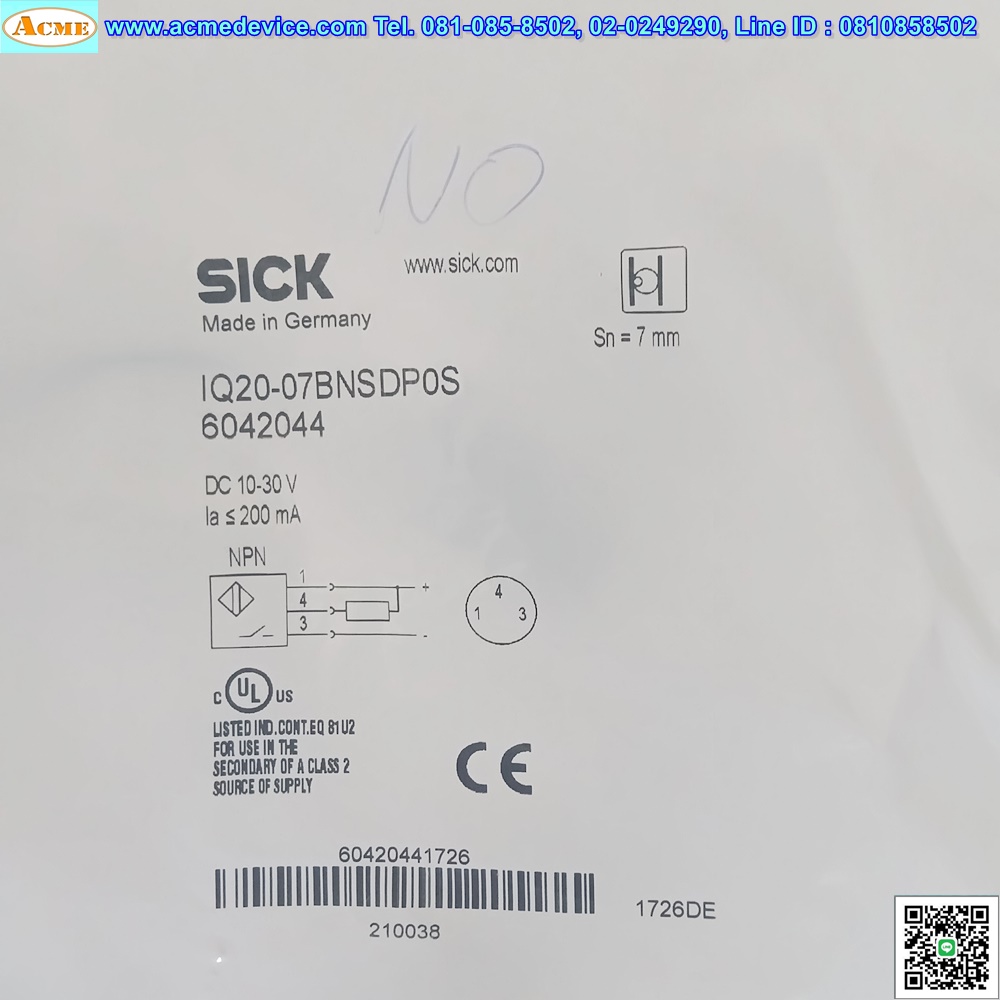 Proximity Sick รุ่น IQ20-07BNSDP0S+YG8U13-020UA1XLEAX, ระยะ 7mm, NPN, NO, Inductive