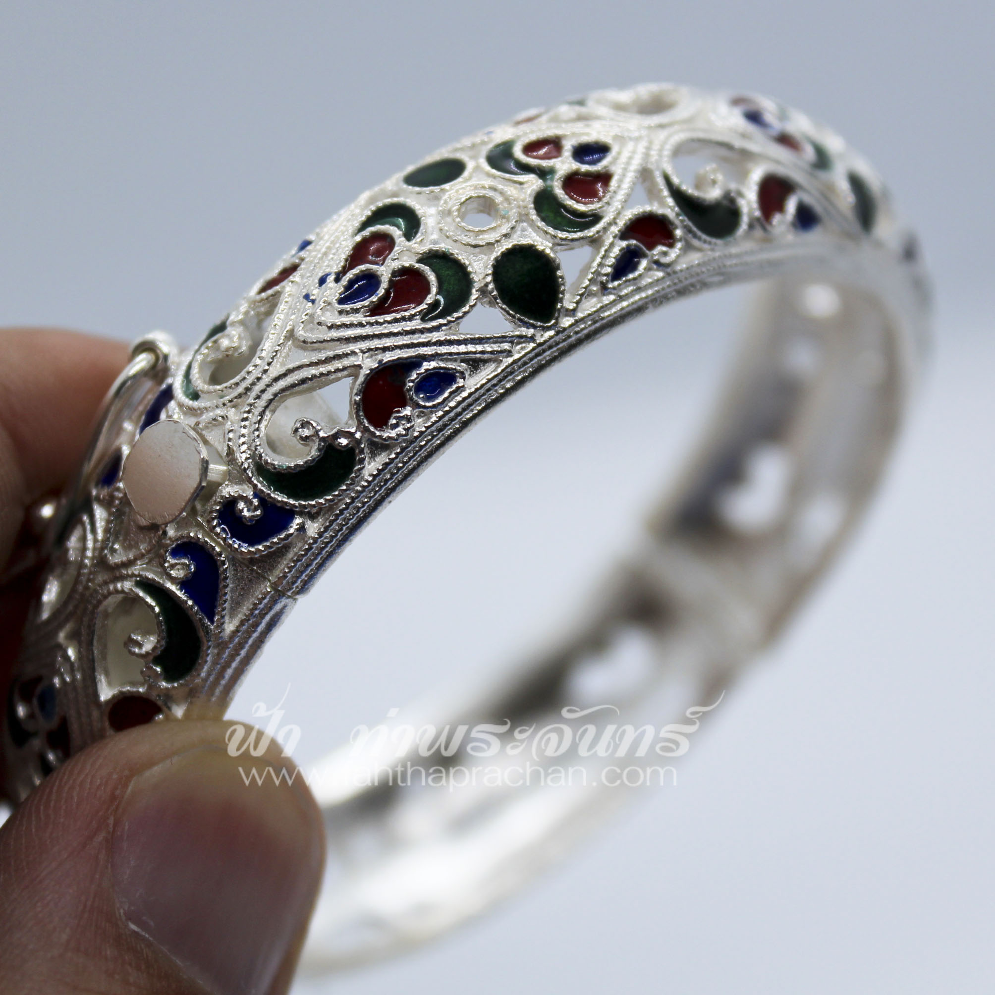 กำไลข้อมือเงินแท้ ลายฉลุ ลงยา