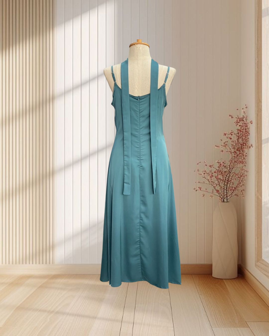 ราตรียาวสีเขียว สายเดี่ยวคอถ่วง ผ้าทิ้งตัว พร้อมผ้าพันคอ ไซส์ M