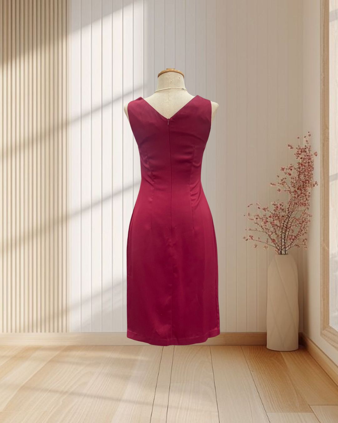 (PRE-LOVED) ราตรีสั้นสีแดง แขนกุด ผ้าเงา เอวขยุ้ม ไซส์ S