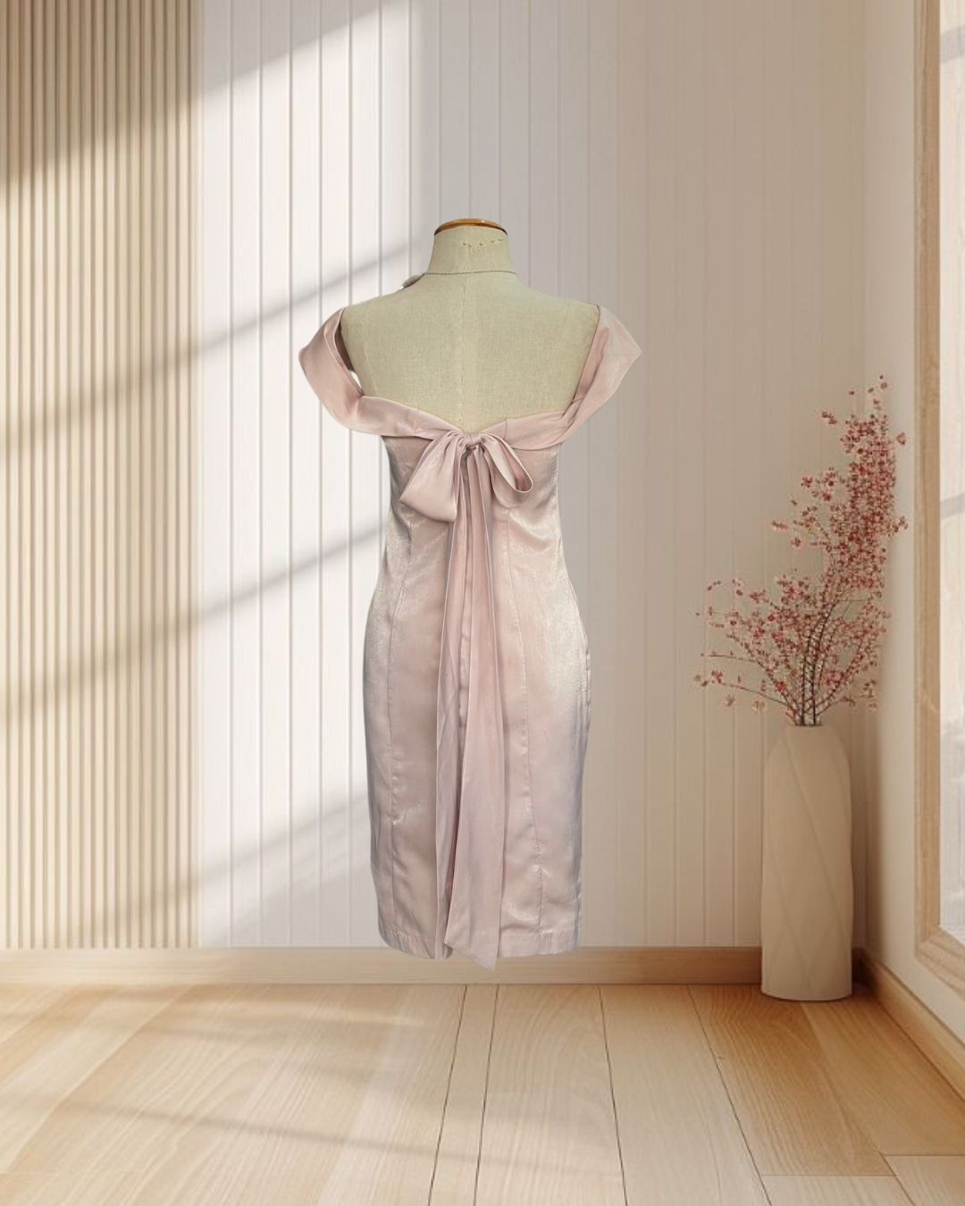 (PRE-LOVED) ราตรีสั้นสีครีม ปาดไหล ผูกโบว์ด้านหลัง ไซส์ S