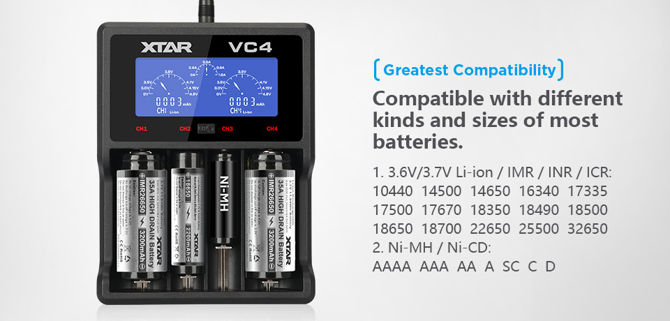 ที่ชาร์จแบตเตอรี่ XTAR VC4 USB LCD Universal Battery Charger แสดงความจุ mAh ได้ สำหรับแบต 3.7v และ 1.2v ของแท้ 100% สำหรับ 26650 18650 14500 AA AAA