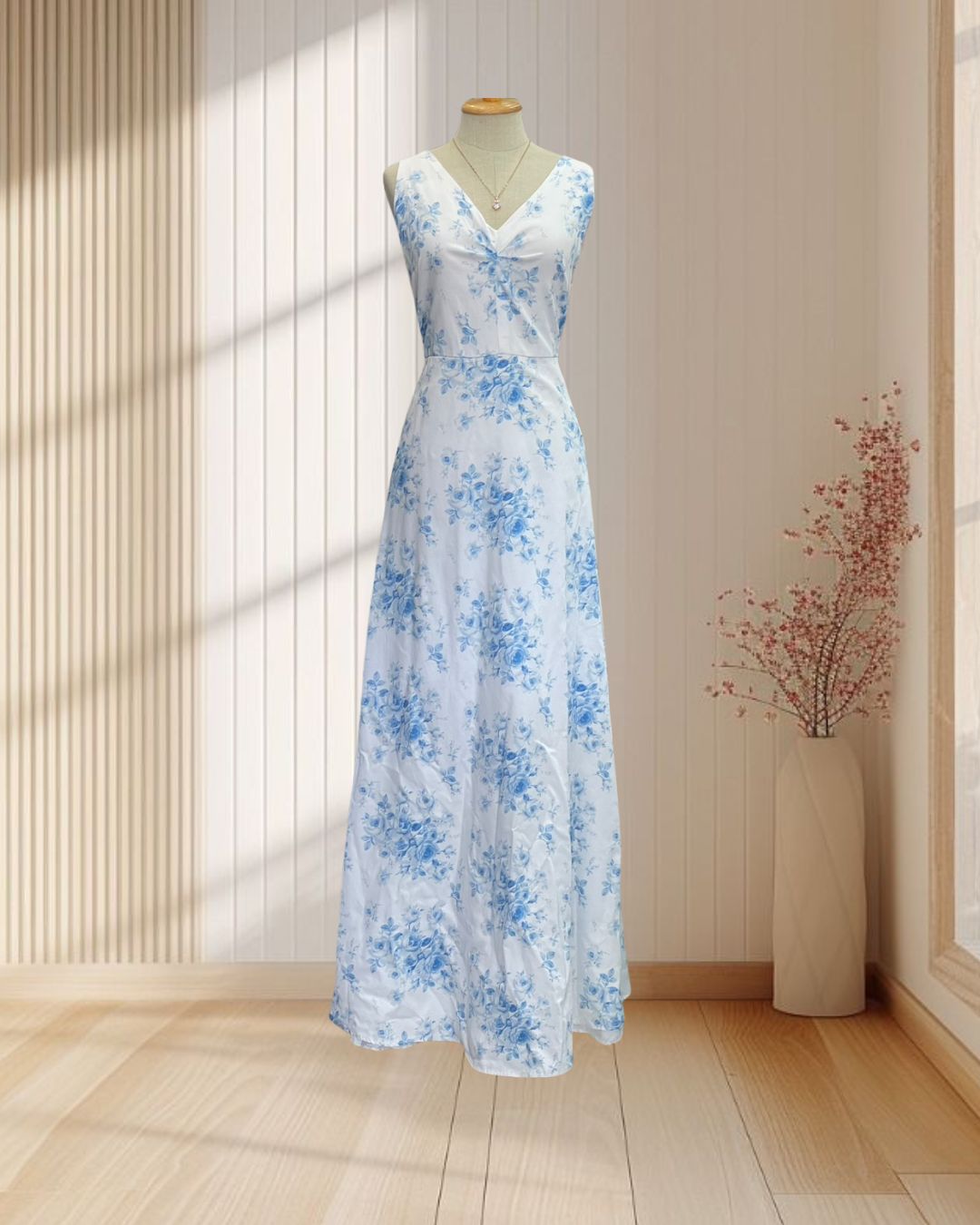 (PRE-LOVED) ราตรียาวสีขาว พิมพ์ลายดอกุหลาบสีฟ้า แขนกุด แหวกอก ไซส์ L