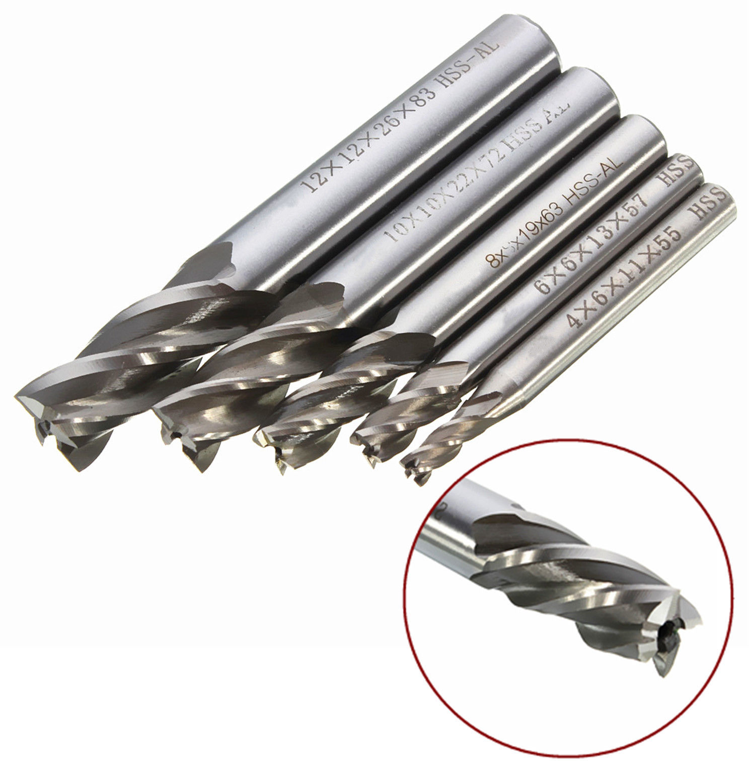 5Pcs HSS CNC Straight Shank 4 Flute End Mill Cutter Drill Bit Tool 4/6/8/10/12mm