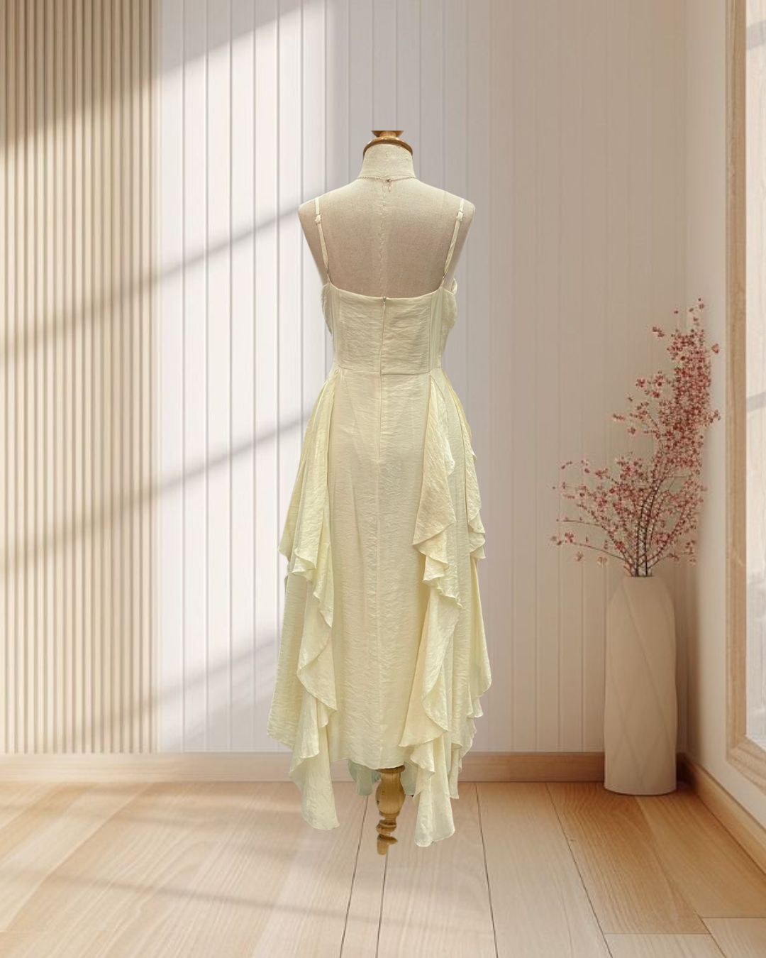 (PRE-LOVED) เดรสยาวสีครีม สายเดี่ยว ผ้ายับ กระโปรงแต่งระบายแมงกะพรุน ไซส์ L