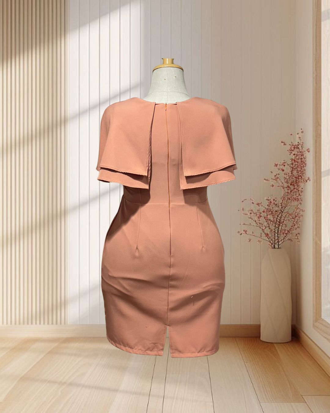 (PRE-LOVED) ชุดราตรีสั้นผ้าโคโค่แขน2ชั้นระบายย้วยเรียบสีส้ม2XL