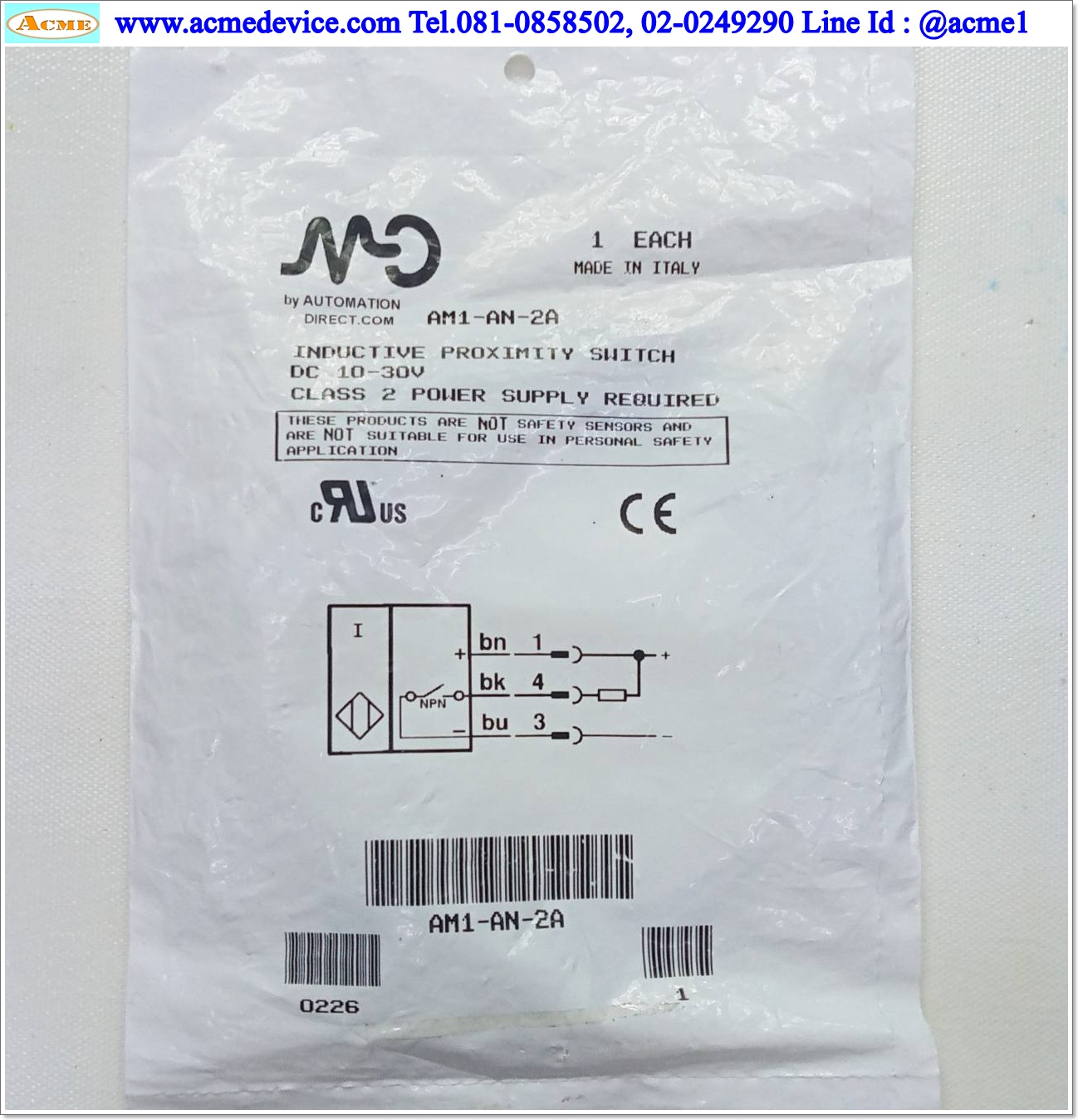 Proximity MICRO DETECTORS รุ่น AM1-AN-2A, M12, ระยะ 4mm, 3wire, NPN, NO, Unshielded, Inductive