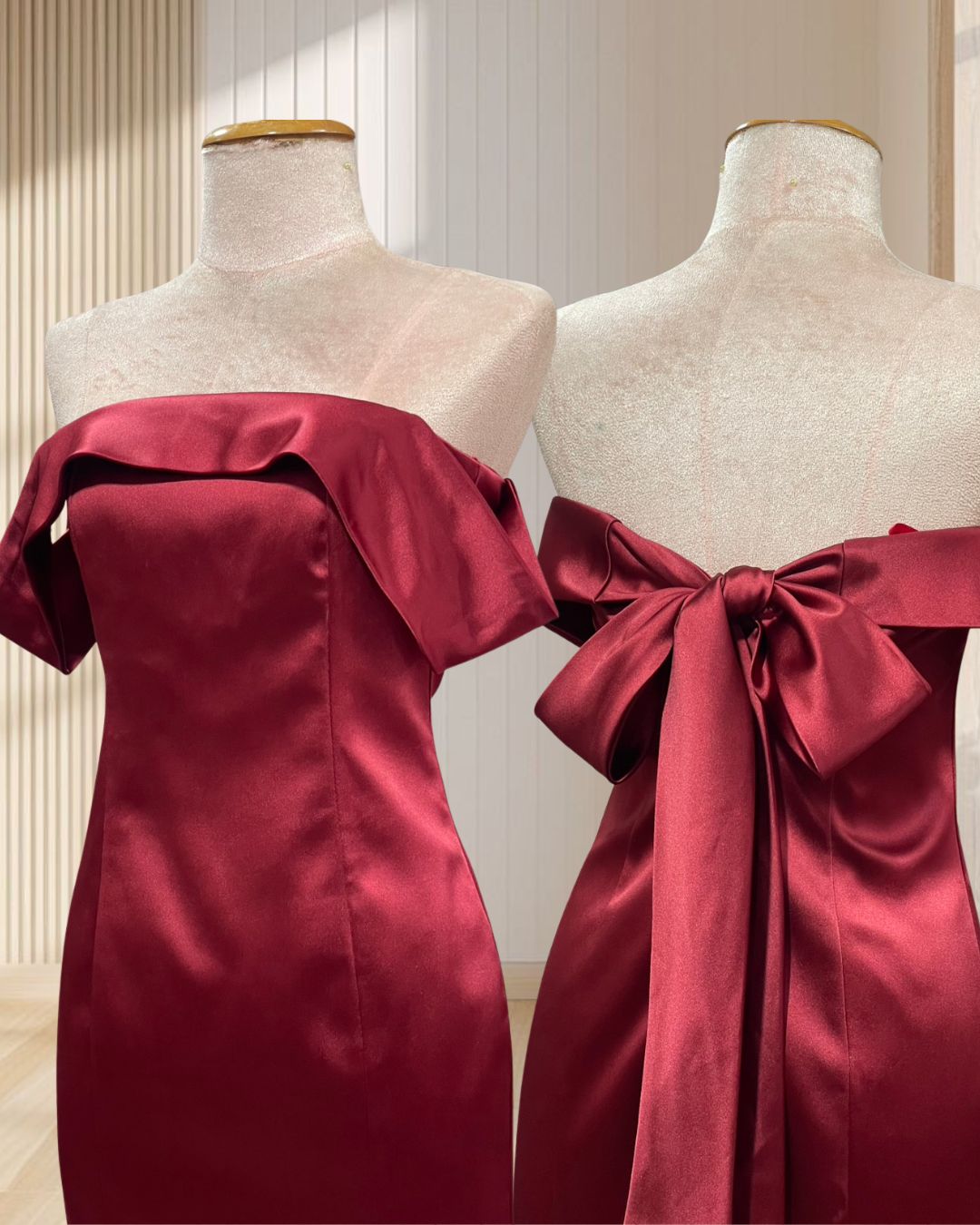 (PRE-LOVED) ราตรีสั้นสีแดง ปาดไหล่ ผูกโบว์ด้านหลัง ไซส์ XS