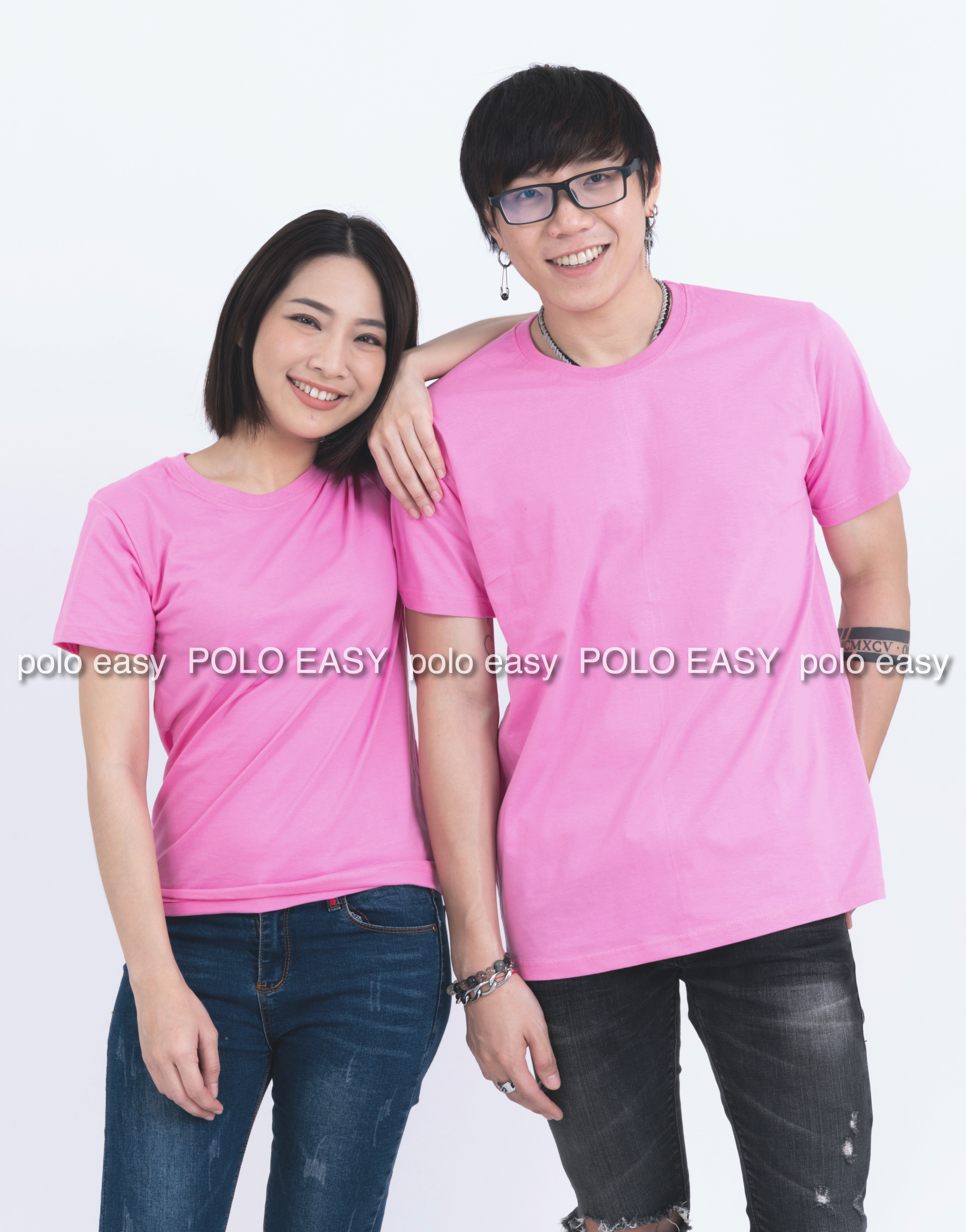 2XL เสื้อยืด สีชมพูอ่อน คอกลม แขนสั้น Size 2XL