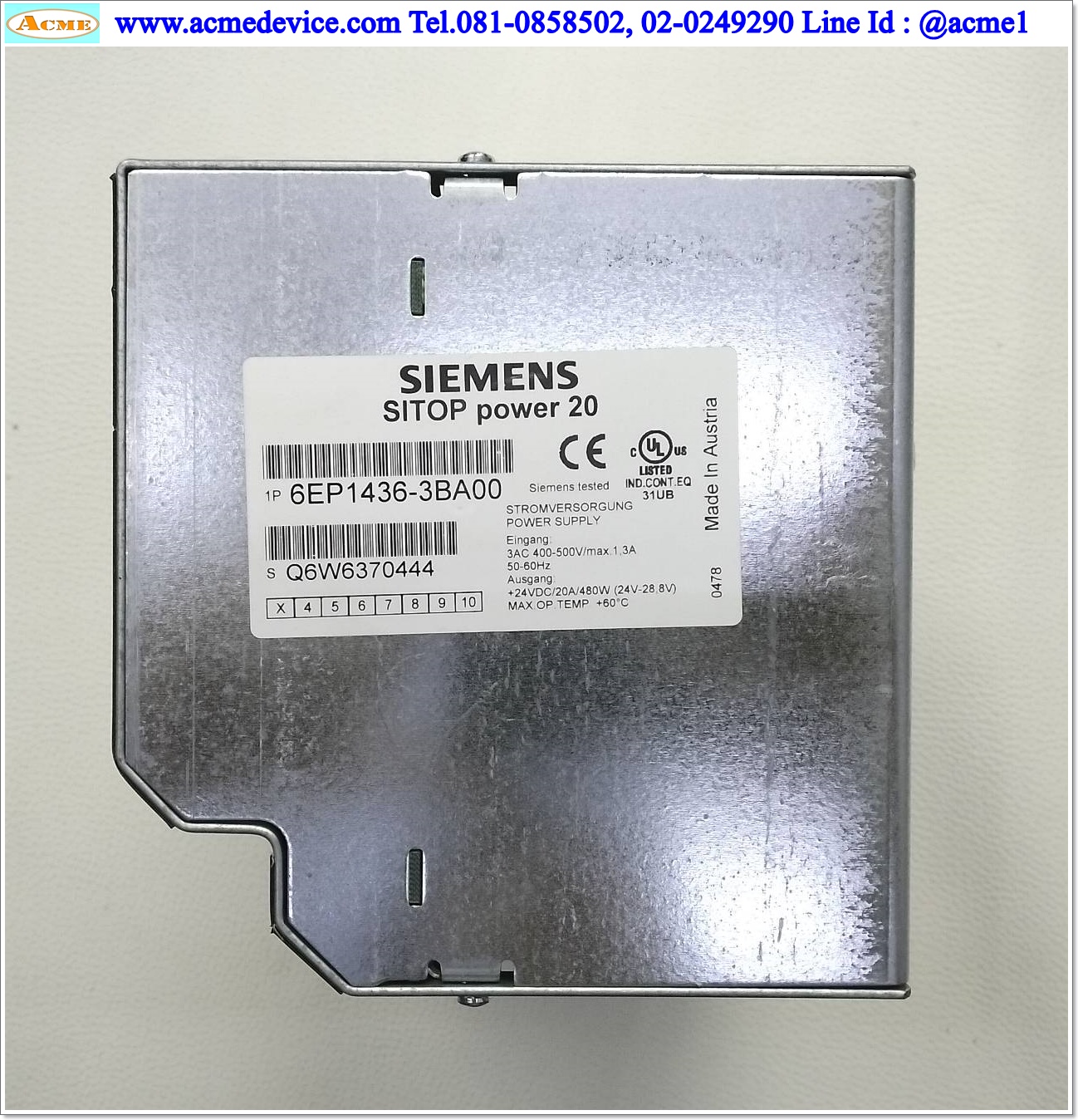 Power Supply Siemens รุ่น 6EP1436-3BA00, SITOP power 20, Output 24V, 20A, 480W (24V-28.8V)