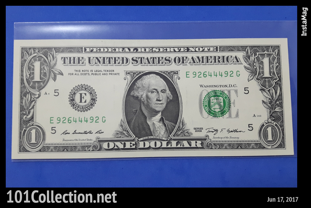ธนบัตร ต่างประเทศ 1 US Dollar ปี2009 (UNC) (เลข E92644492G)