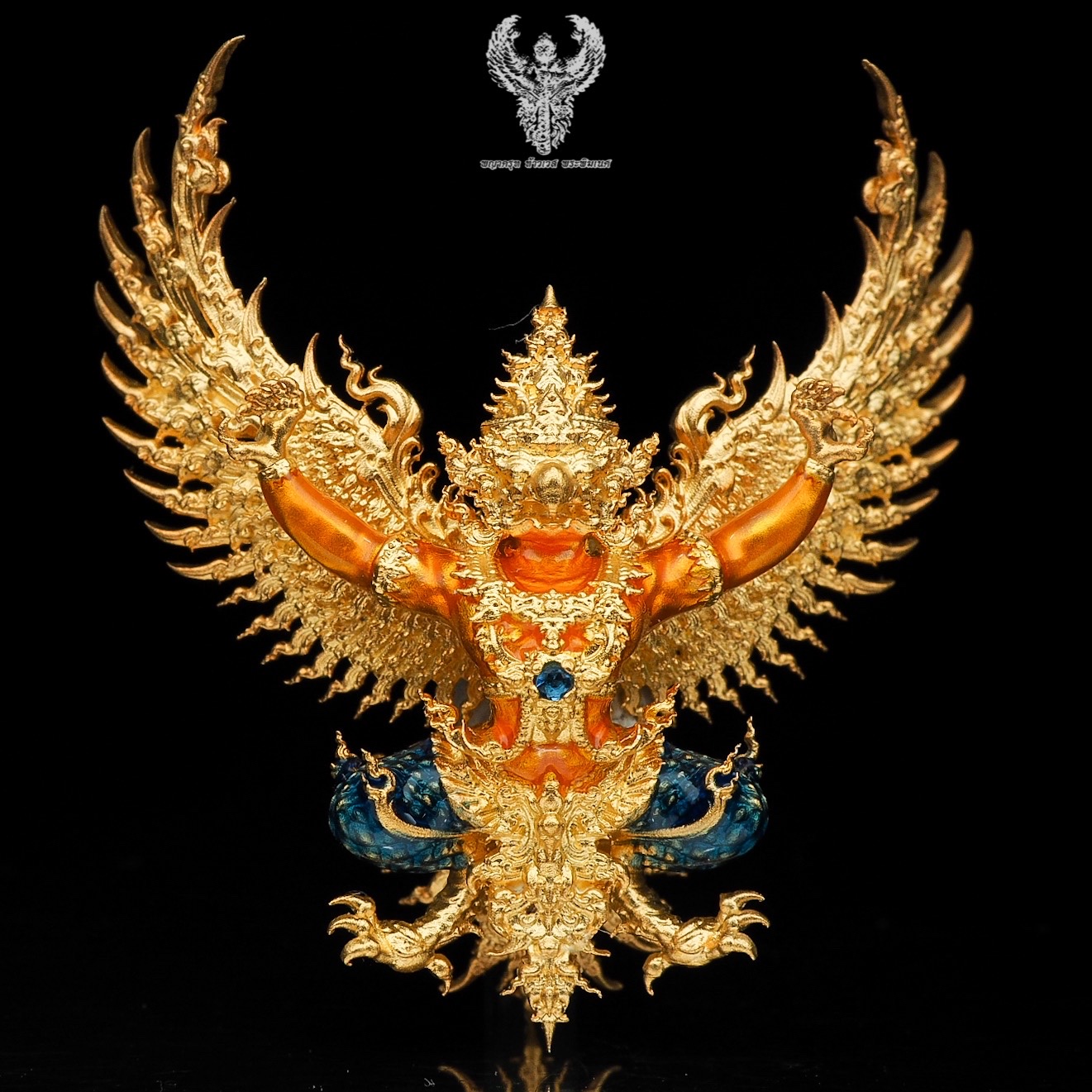 #พญาครุฑสุบรรณราช วัดหายโศก อุดรธานี เนื้อบรอนซ์ชุบทองลงยา สีส้ม ปีกทอง เลข 176