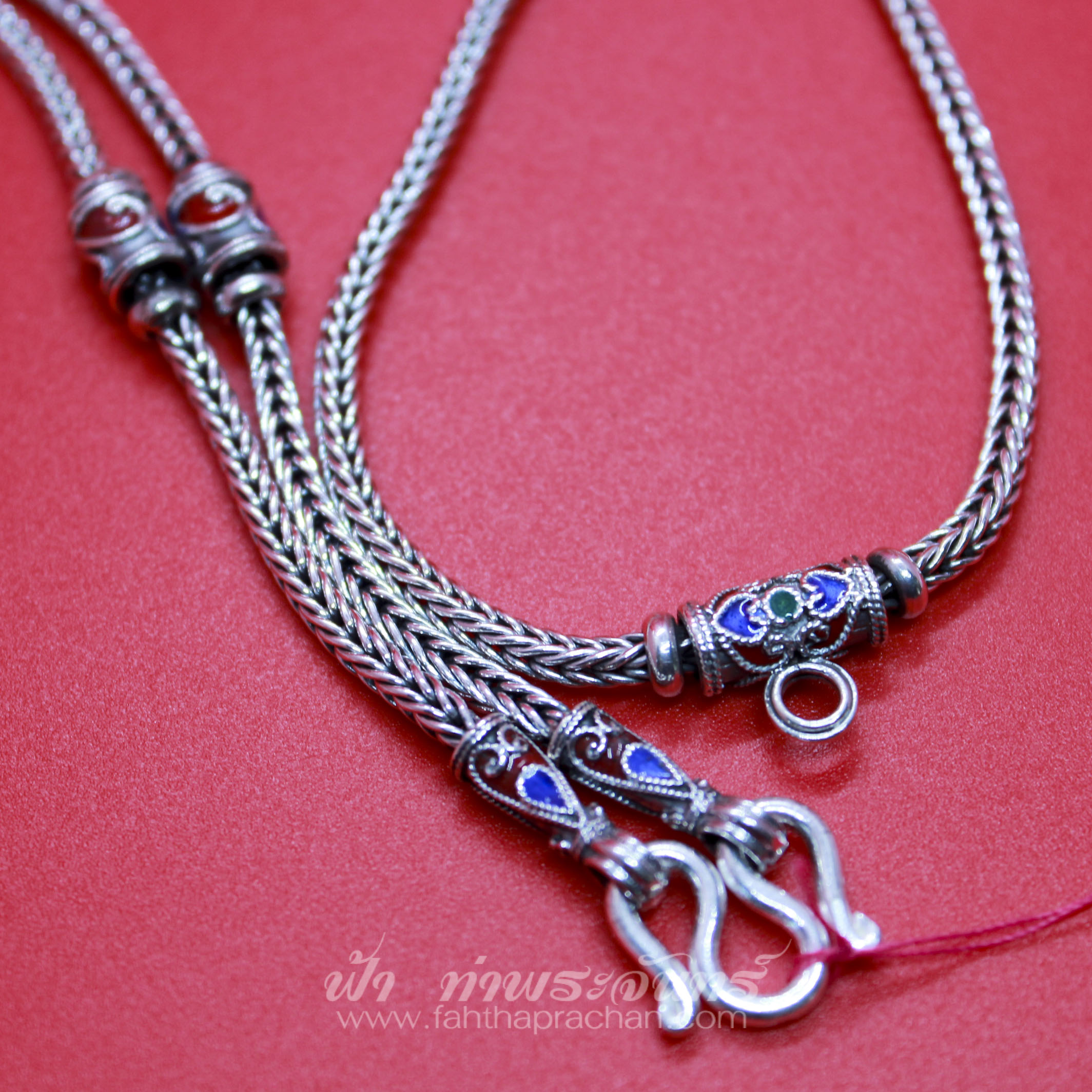 สร้อยคอเงินแท้ 92.5 ลายสี่เสา หัวจรวด ลงยา รมดำ