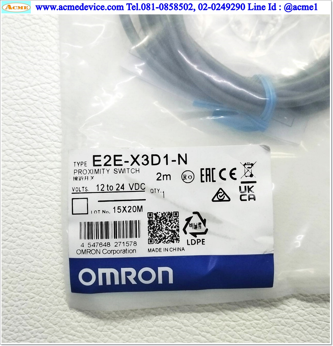 Proximity Omron รุ่น E2E-X3D1-N, M12, ระยะ 3mm, 2wire, NO, Shielded, Inductive