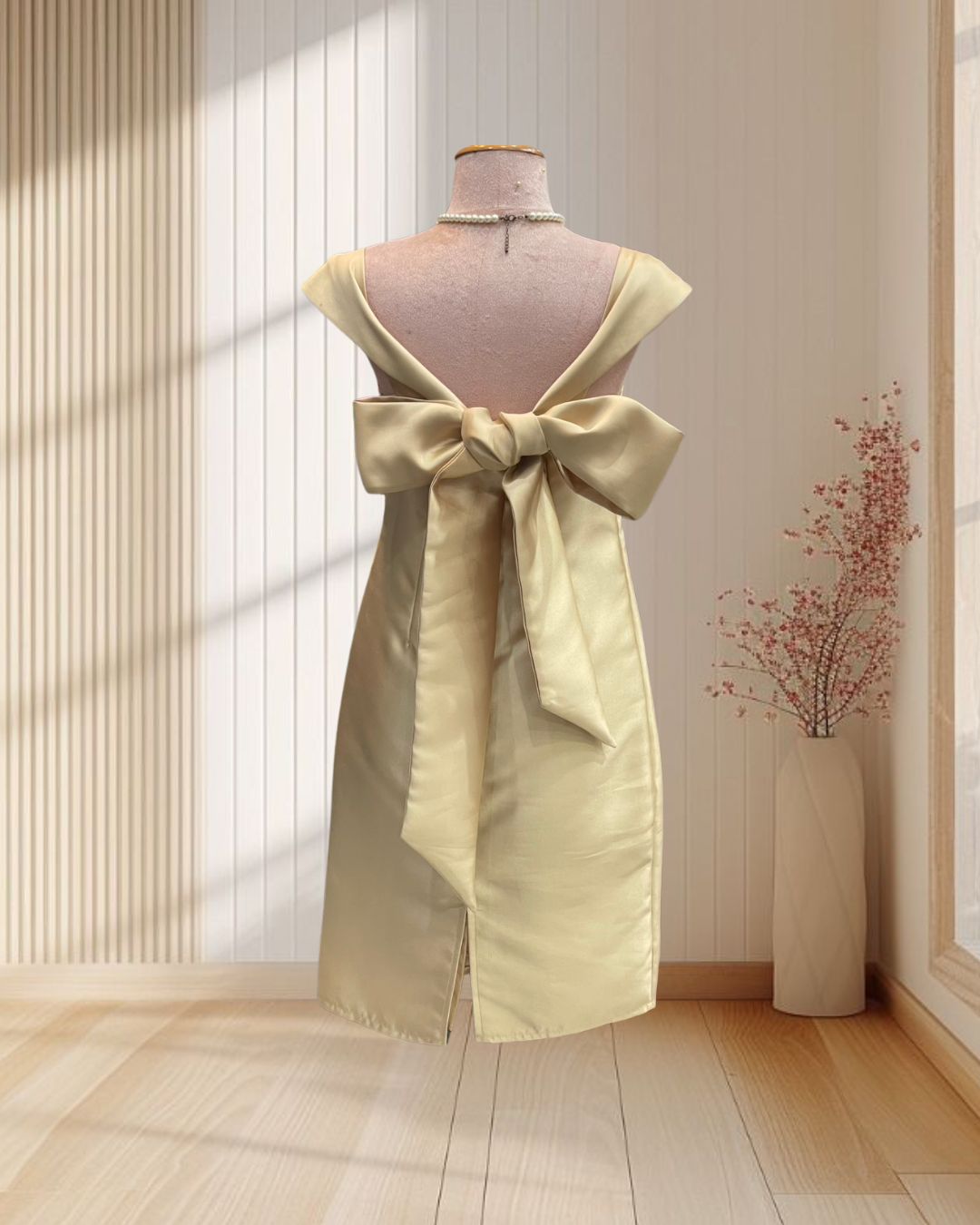 (PRE-LOVED) ราตรีสั้นสีทอง ผ้าไหมเทียม ปาดไหล่ ผูกหลัง ไซส์ M