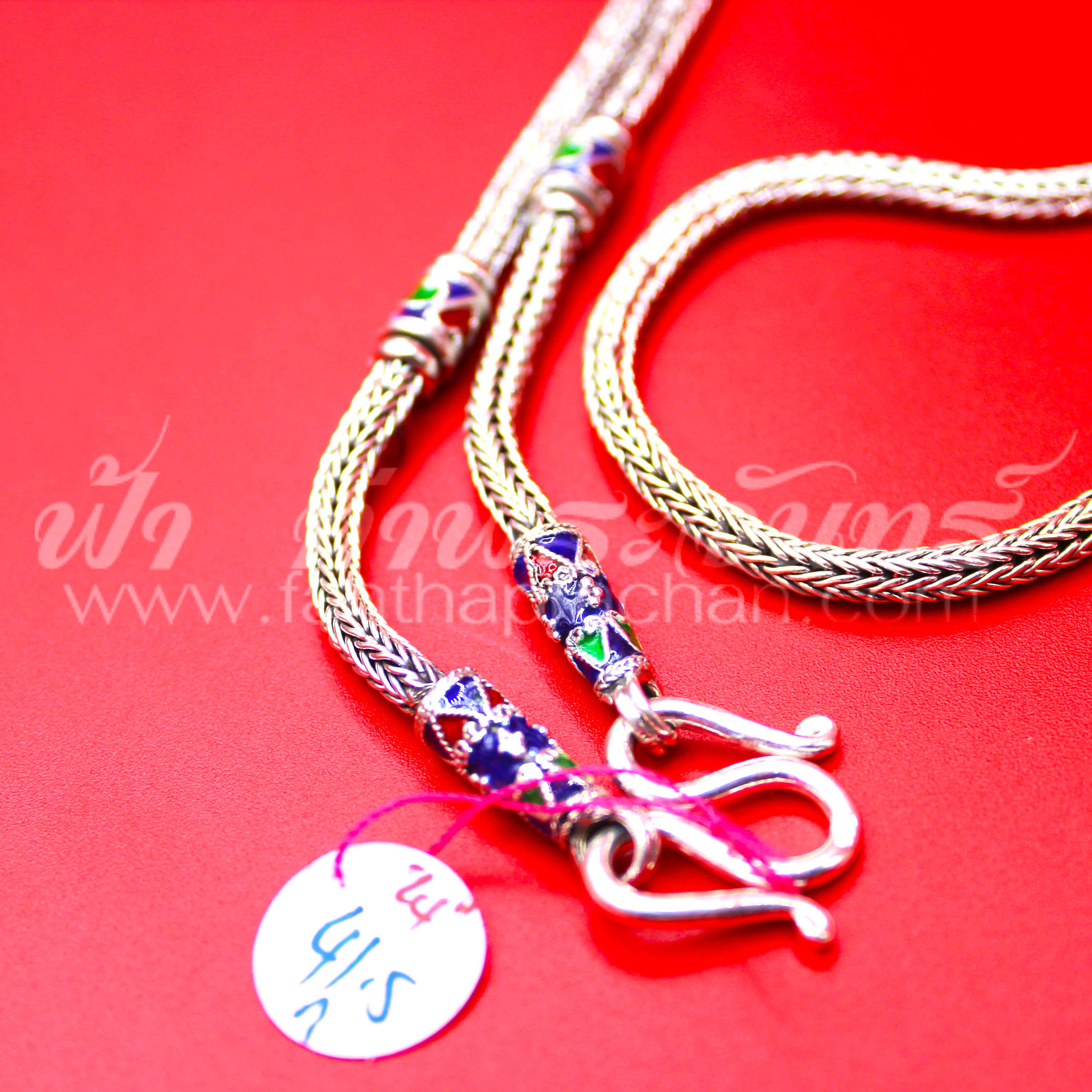 สร้อยคอเงินแท้ 92.5 ลายหกเสา หัวจรวดลงยา รมดำ แบบห่วงเดียว